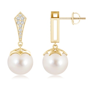 10mm AAAA Art Deco Style Freshwater Cultured Pearl Dangle Earrings in Yellow Gold