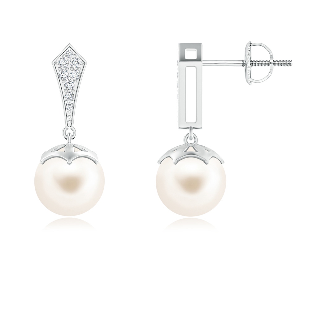 8mm AAA Art Deco Style Freshwater Cultured Pearl Dangle Earrings in White Gold