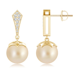 10mm AA Art Deco Style Golden South Sea Pearl Earrings in Yellow Gold