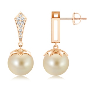 10mm AAA Art Deco Style Golden South Sea Pearl Earrings in Rose Gold
