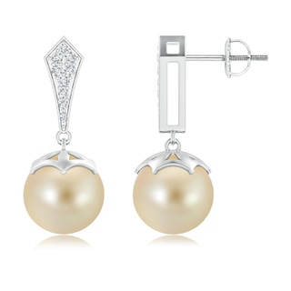 10mm AAA Art Deco Style Golden South Sea Pearl Earrings in White Gold