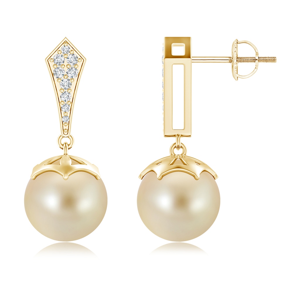 10mm AAA Art Deco Style Golden South Sea Pearl Earrings in Yellow Gold