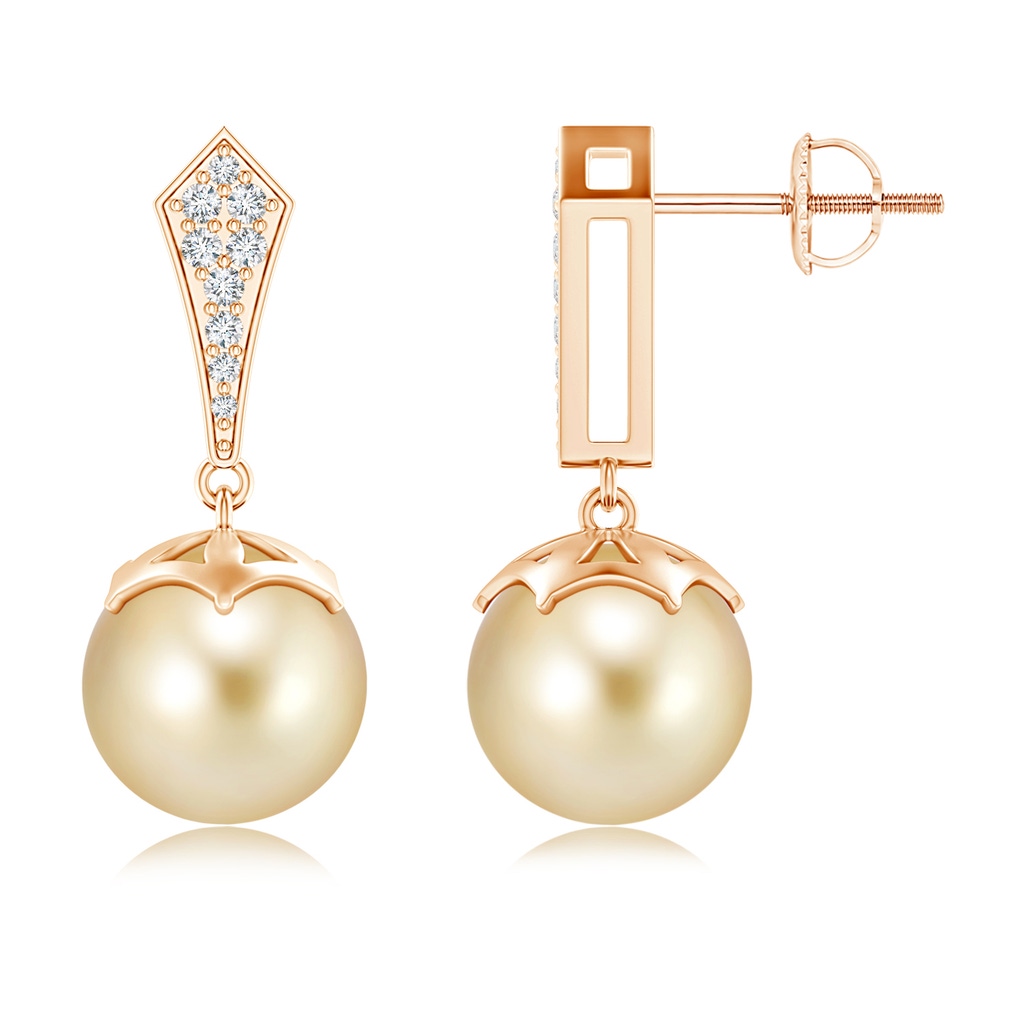 10mm AAAA Art Deco Style Golden South Sea Pearl Earrings in Rose Gold
