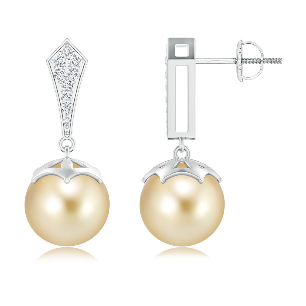 10mm AAAA Art Deco Style Golden South Sea Pearl Earrings in White Gold