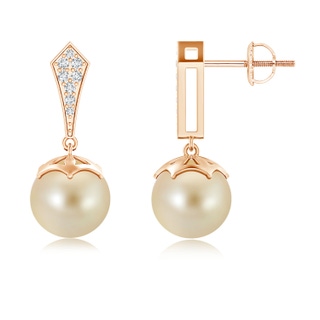 9mm AAA Art Deco Style Golden South Sea Pearl Earrings in Rose Gold