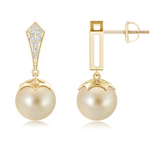 9mm AAA Art Deco Style Golden South Sea Pearl Earrings in Yellow Gold