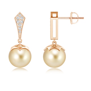 9mm AAAA Art Deco Style Golden South Sea Pearl Earrings in Rose Gold