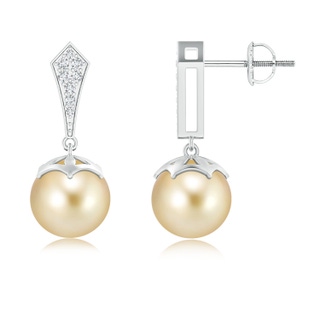 9mm AAAA Art Deco Style Golden South Sea Pearl Earrings in White Gold