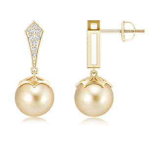 9mm AAAA Art Deco Style Golden South Sea Pearl Earrings in Yellow Gold