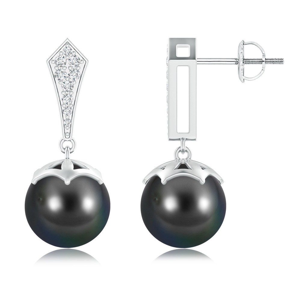 10mm AA Art Deco Style Tahitian Cultured Pearl Dangle Earrings in White Gold