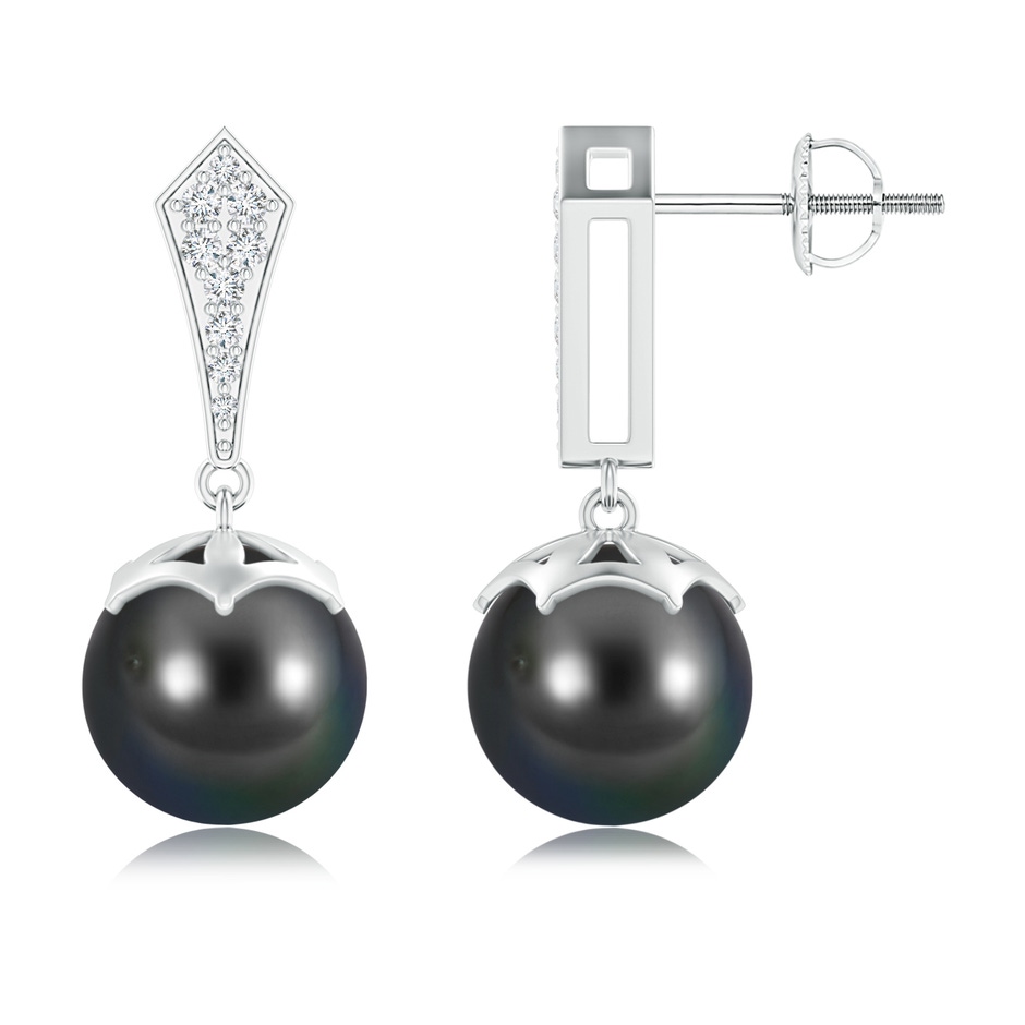 10mm AA Art Deco Style Tahitian Cultured Pearl Dangle Earrings in White Gold 