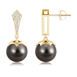 10mm AAA Art Deco Style Tahitian Cultured Pearl Dangle Earrings in Yellow Gold