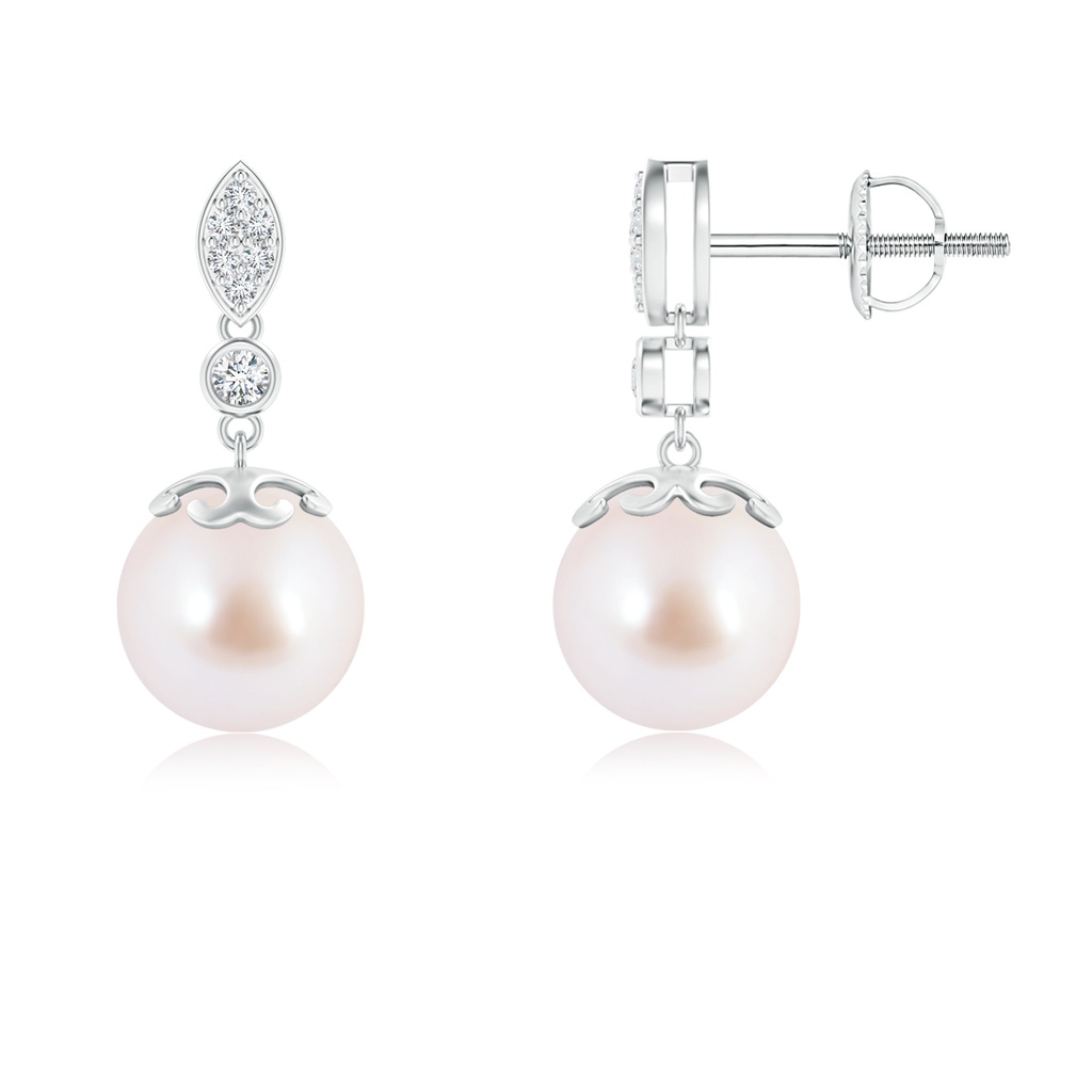 8mm AAA Japanese Akoya Pearl Earrings with Diamond Leaf Motif in White Gold