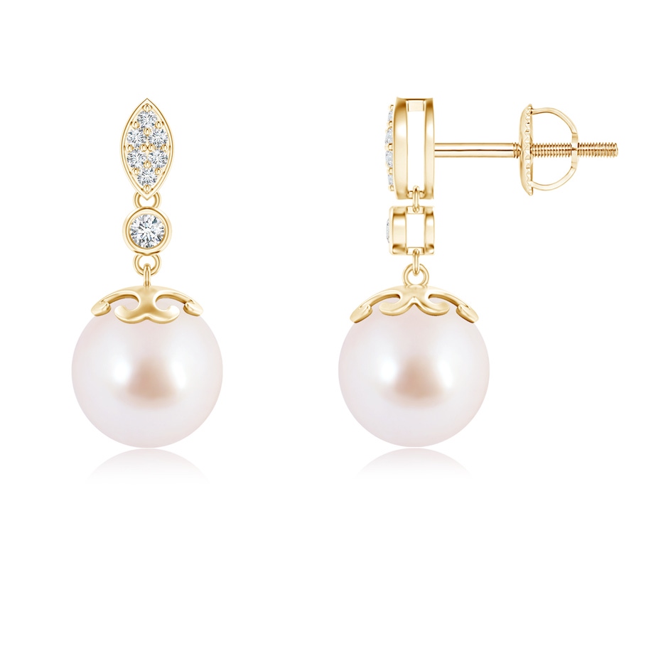 8mm AAA Japanese Akoya Pearl Earrings with Diamond Leaf Motif in Yellow Gold 