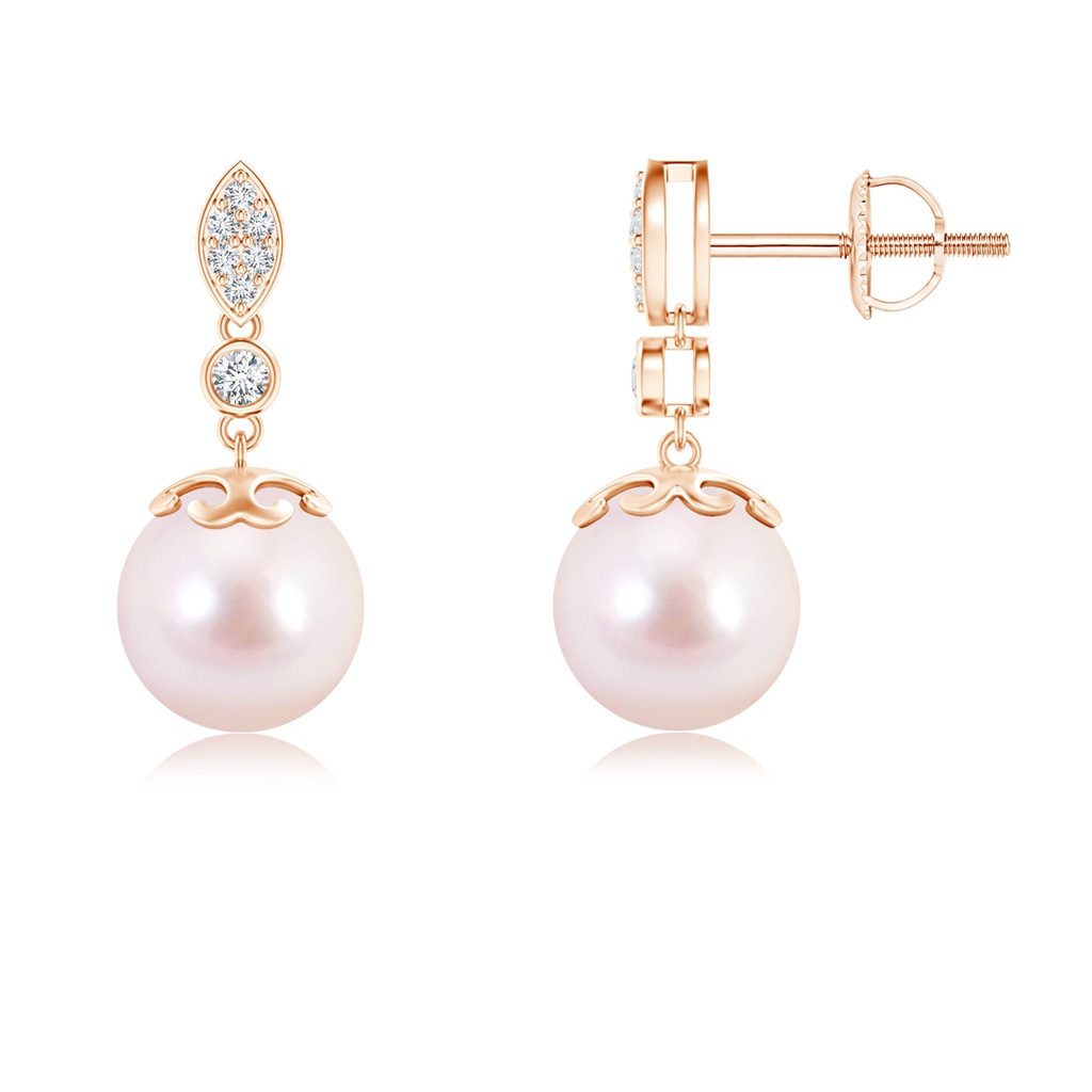 8mm AAAA Japanese Akoya Pearl Earrings with Diamond Leaf Motif in Rose Gold