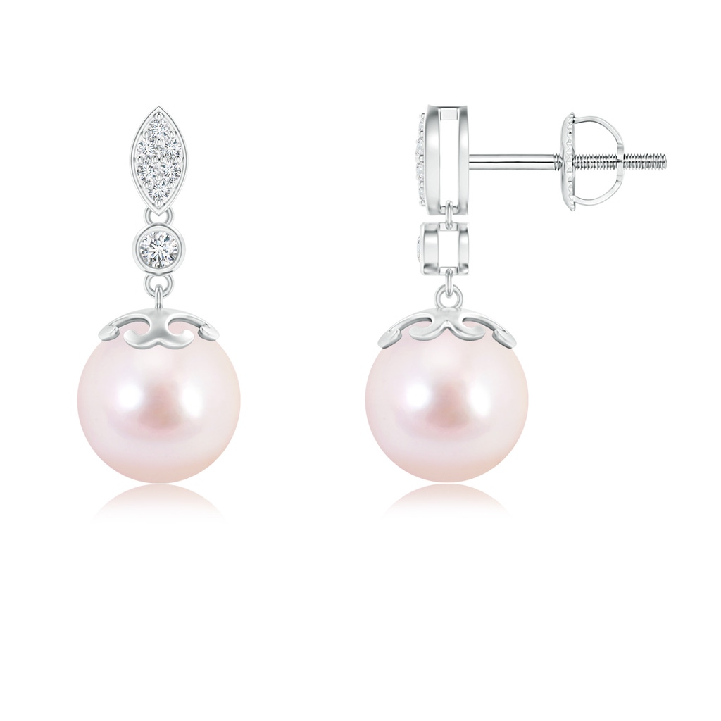 8mm AAAA Japanese Akoya Pearl Earrings with Diamond Leaf Motif in White Gold