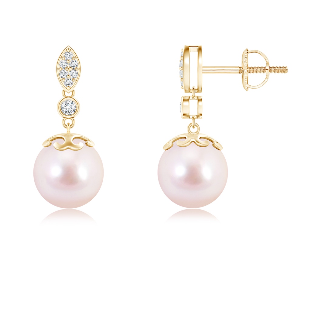 8mm AAAA Japanese Akoya Pearl Earrings with Diamond Leaf Motif in Yellow Gold