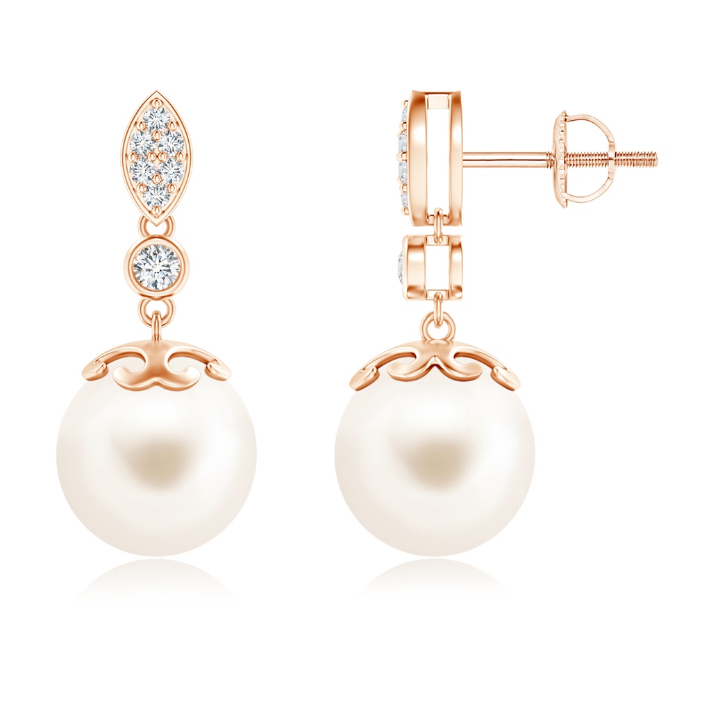 10mm AAA Freshwater Pearl Earrings with Diamond Leaf Motif in Rose Gold