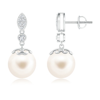 10mm AAA Freshwater Pearl Earrings with Diamond Leaf Motif in White Gold