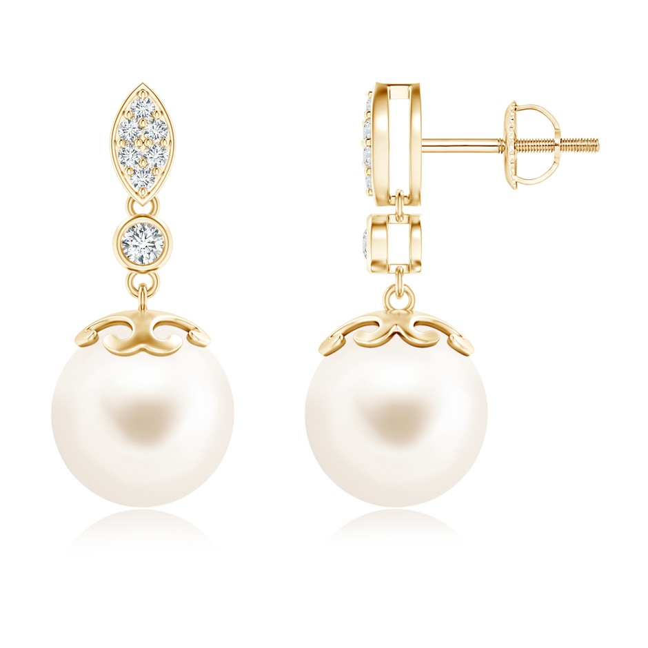 10mm AAA Freshwater Pearl Earrings with Diamond Leaf Motif in Yellow Gold 