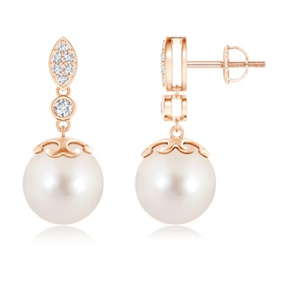 10mm AAAA Freshwater Pearl Earrings with Diamond Leaf Motif in Rose Gold