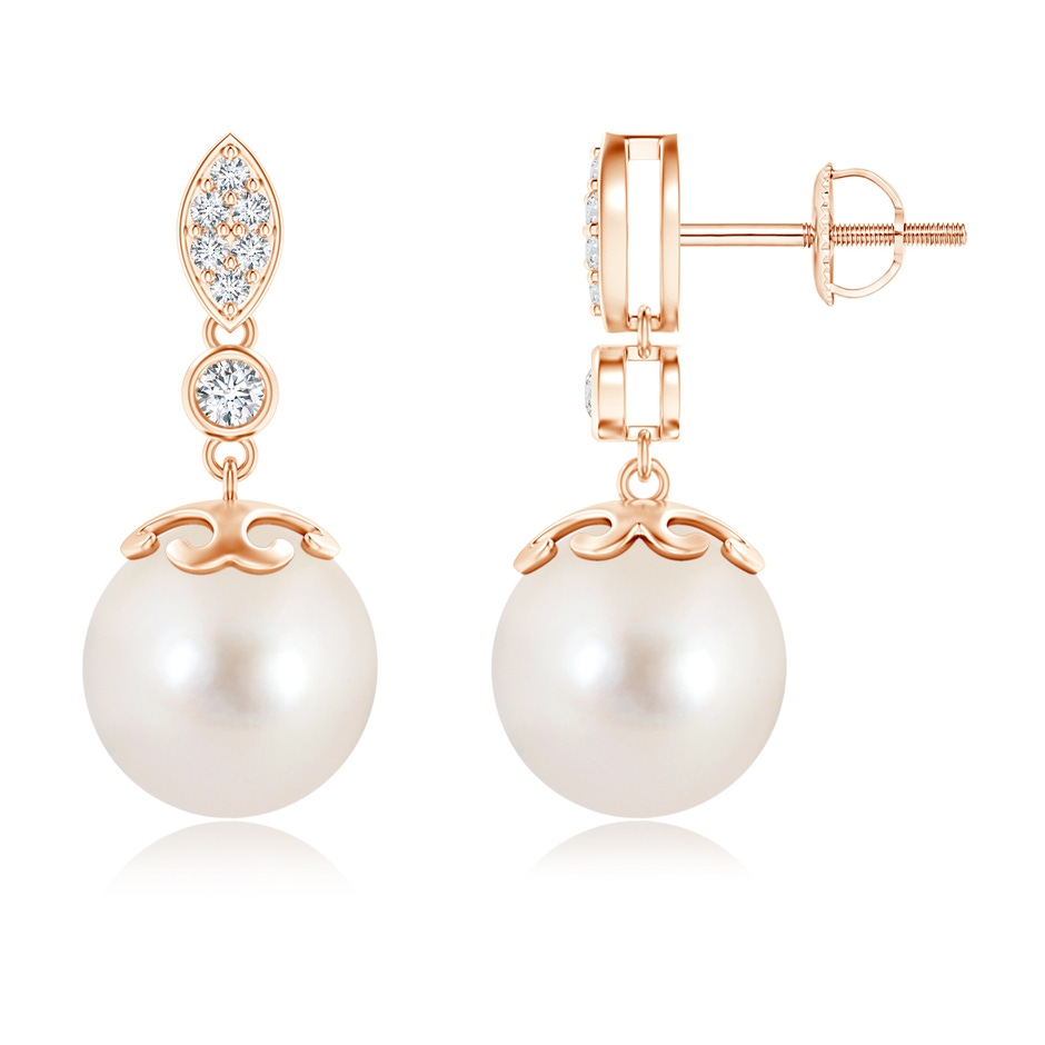 10mm AAAA Freshwater Pearl Earrings with Diamond Leaf Motif in Rose Gold 