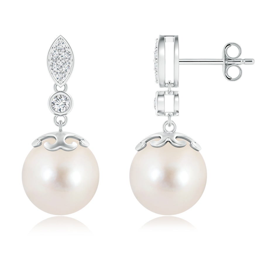 10mm AAAA Freshwater Pearl Earrings with Diamond Leaf Motif in S999 Silver 