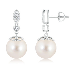 10mm AAAA Freshwater Pearl Earrings with Diamond Leaf Motif in White Gold