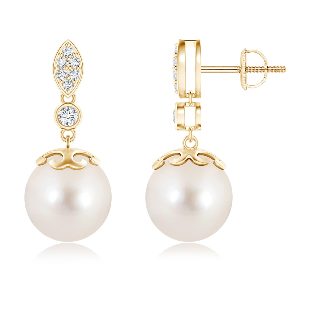 10mm AAAA Freshwater Pearl Earrings with Diamond Leaf Motif in Yellow Gold