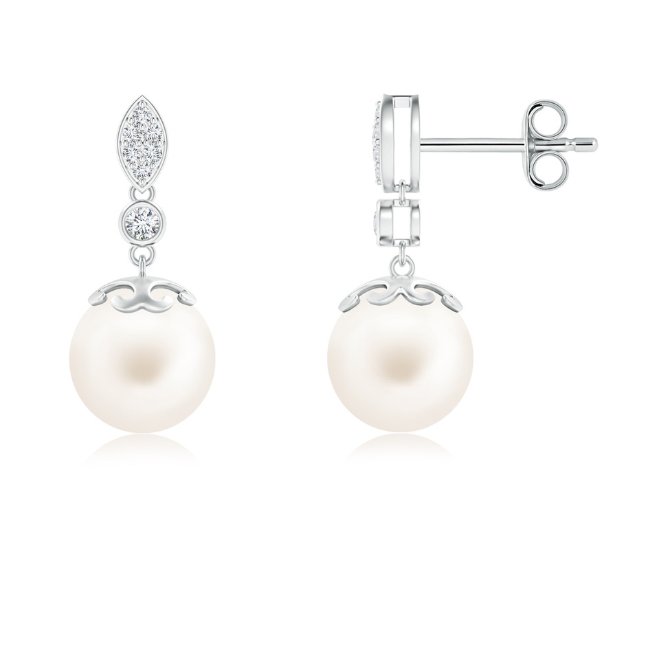 8mm AA Freshwater Pearl Earrings with Diamond Leaf Motif in S999 Silver 