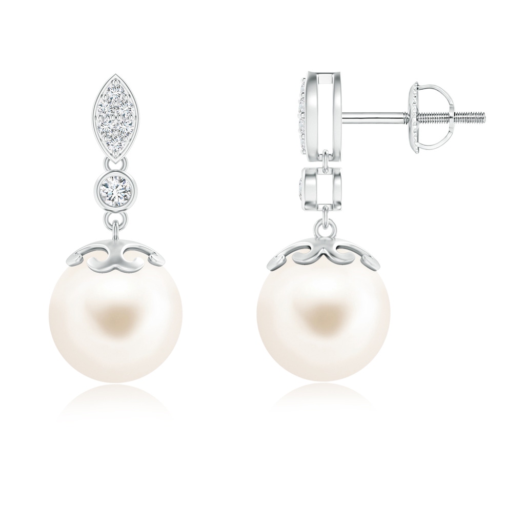 9mm AAA Freshwater Pearl Earrings with Diamond Leaf Motif in White Gold