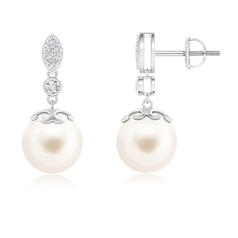 9mm AAA Freshwater Pearl Earrings with Diamond Leaf Motif in White Gold 