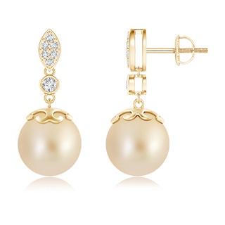 10mm AA Golden South Sea Cultured Pearl Earrings with Diamond Leaf Motif in Yellow Gold