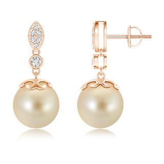 10mm AAA Golden South Sea Cultured Pearl Earrings with Diamond Leaf Motif in Rose Gold