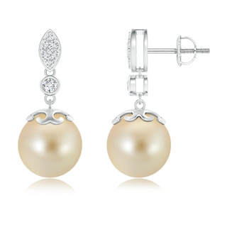 10mm AAA Golden South Sea Cultured Pearl Earrings with Diamond Leaf Motif in White Gold