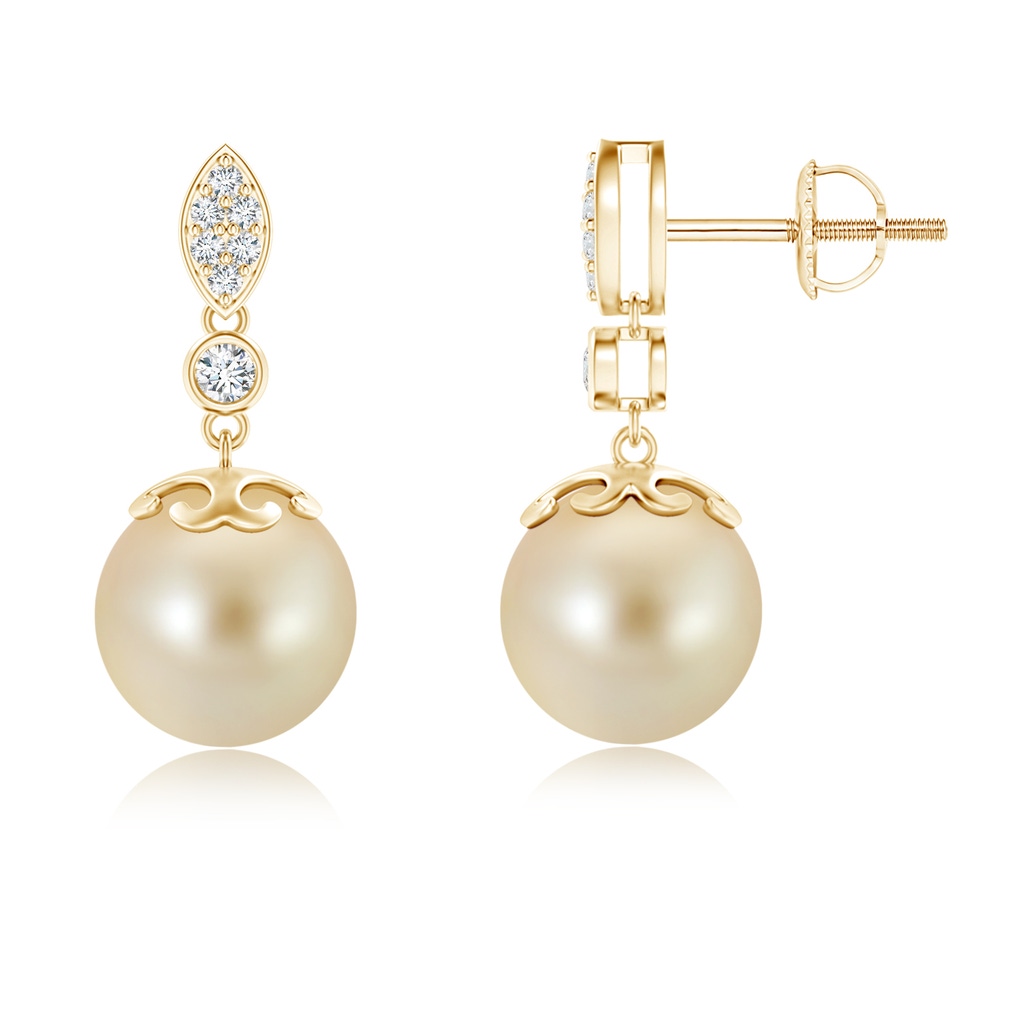 9mm AAA Golden South Sea Cultured Pearl Earrings with Diamond Leaf Motif in Yellow Gold