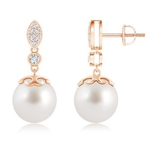 10mm AAA South Sea Cultured Pearl Earrings with Diamond Leaf Motif in Rose Gold