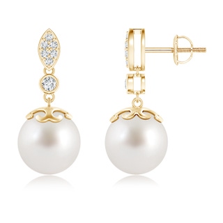 10mm AAA South Sea Cultured Pearl Earrings with Diamond Leaf Motif in Yellow Gold