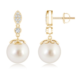 10mm AAAA South Sea Cultured Pearl Earrings with Diamond Leaf Motif in Yellow Gold