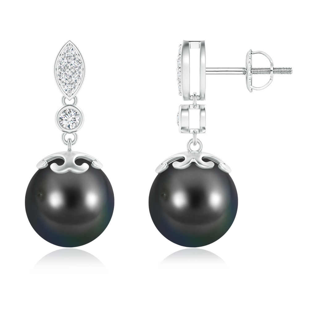 10mm AA Tahitian Cultured Pearl Earrings with Diamond Leaf Motif in White Gold