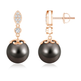 10mm AAA Tahitian Cultured Pearl Earrings with Diamond Leaf Motif in Rose Gold