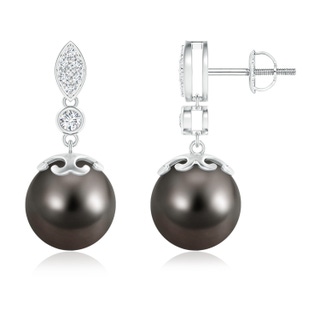 10mm AAA Tahitian Cultured Pearl Earrings with Diamond Leaf Motif in White Gold