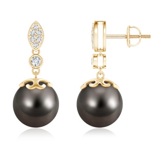 10mm AAA Tahitian Cultured Pearl Earrings with Diamond Leaf Motif in Yellow Gold