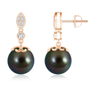 10mm AAAA Tahitian Cultured Pearl Earrings with Diamond Leaf Motif in Rose Gold