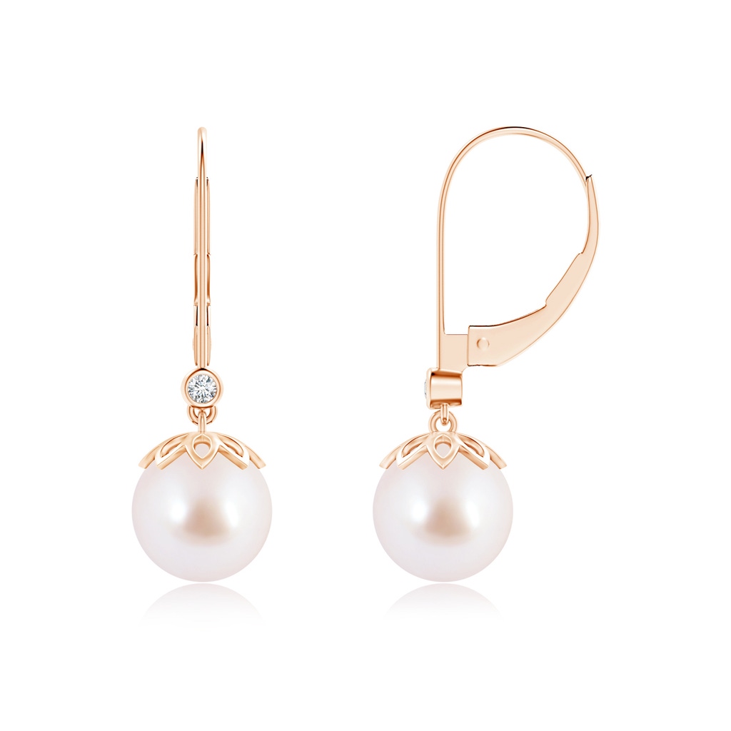 8mm AAA Akoya Cultured Pearl Drop Earrings with Diamond in Rose Gold