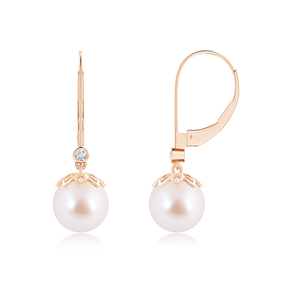 8mm AAA Akoya Cultured Pearl Drop Earrings with Diamond in Rose Gold 