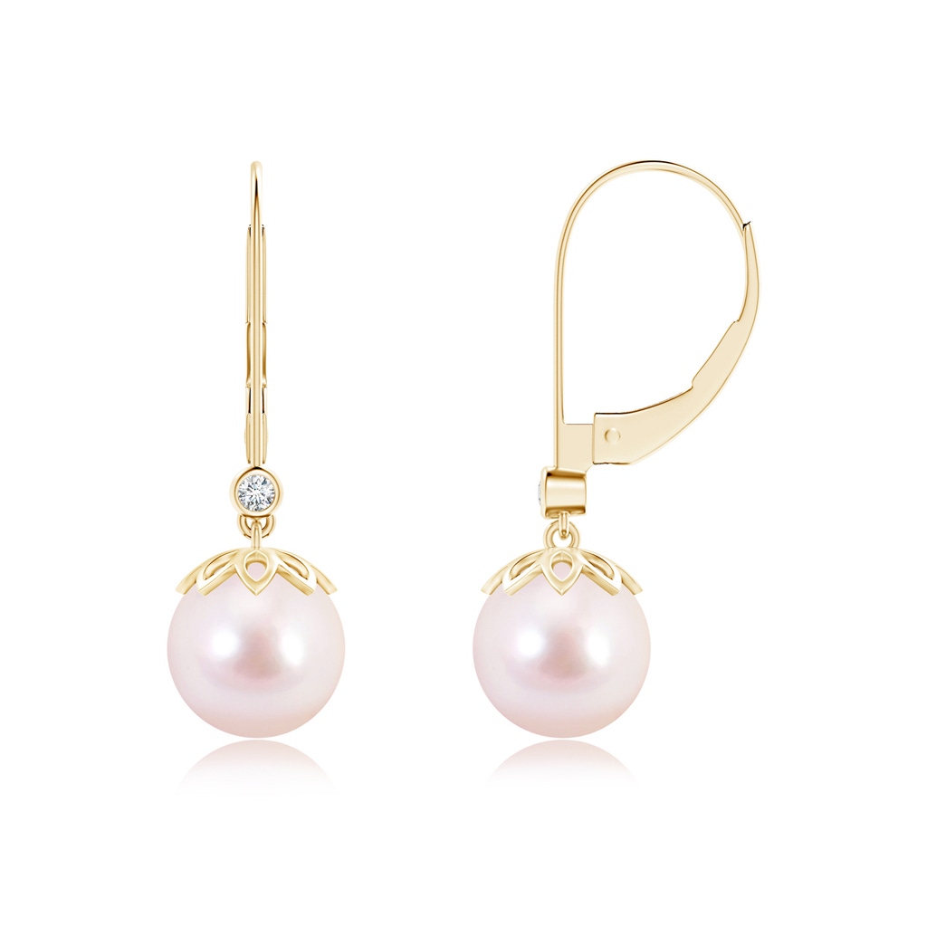 8mm AAAA Akoya Cultured Pearl Drop Earrings with Diamond in Yellow Gold