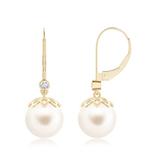 10mm AAA Freshwater Cultured Pearl Drop Earrings with Diamond in Yellow Gold