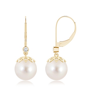 10mm AAAA Freshwater Cultured Pearl Drop Earrings with Diamond in Yellow Gold