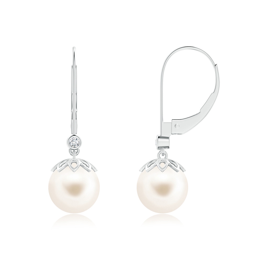 8mm AAA Freshwater Cultured Pearl Drop Earrings with Diamond in White Gold